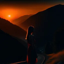 dark night, watching a woman from behind wearing a sleeveless dress, mountains and forests next to the road, a beautiful orange sunrise in the distance, photo quality