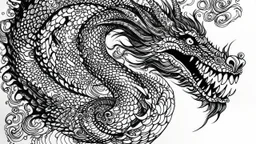 "A dynamic ink drawing of a fierce dragon, with intricate patterns and a sense of movement captured in every stroke."