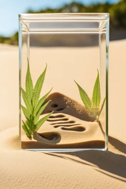 a close up imprint of a neat male foot print with 5 toes within sand,the sand is within a glass box which is filled half way with the sand, around the imprint are small weed plants, guitar plectrums,a.leather band with piece sign, green round sunglasses, on the corner of the glass box hangs a tasta beanie, on the outside on the glass is a metal nameplate with "Bob Marley" written on it