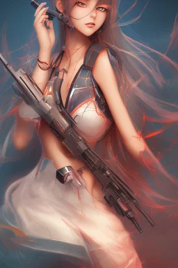 A striking beautiful anime girl in abstract background of war