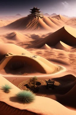 ancient, chinese town, fantasy, desert, dune, sand storm, crater