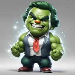 chibi cute caricature of Hulk as a 1970's clown, surrounded by will-o'-the-wisp, elegant, close wiew, dynamic pose, photorealistic rendering --ar 2:3 --stylize 500 --v 6