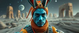 portrait with bluegreen bunny man with indian skin, space race on mega vehicle, From the shadows, they rise, with a spark in their eyes, Ethereal echoes of a world we once knew, With the glam and the glamor, we reach for the skies, Cosmic rhythms pull us through, [Chorus] Suti came for our world, with the power to ignite, Dancing through the stars, we find our light. motion blurred background of ancient space ruins