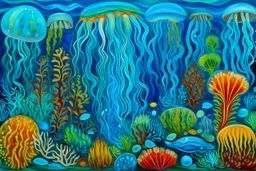 A blue underwater reef with electric jellyfish designed in Australian aboriginal art painted by Alexej von Jawlensky