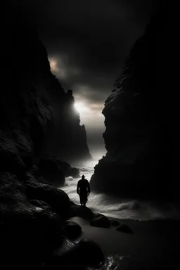 In the abyssal depths of the ocean, darkness reigns supreme, aswallowing light and casting an eerie gloom. Jagged rocks jut ominously, shadows dancing with a dark hooded man standing , shapes glide, eyes gleaming in the murky depths. Distant rumblings and creaking sounds fill the water, sending shivers. In this desolate underworld, fear of the unknown pervades every corner, where the slightest movement evokes terror. It's a realm where nightmares manifest, and the deep, unfathomable expans