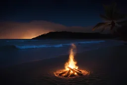 an image of a tropical beach at night, with a bonfire casting a warm glow, stars in the sky, and the sound of waves breaking in the background.