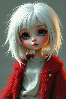photorealistic impasto impressionist digital oil painting of a vintage styled cartoonish high Brats doll, white hair, fur red coat and white old t-shirt, ethereal, she has hair like b