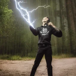 Homem de roupas pretas atirando raios contra esqueleto gigante