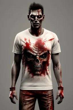 a photorealistic 12k ultra-high-definition rendering of an attractive but mean and cool looking zombie, upclose captured in a dynamic action shot dunking the ball, Wearing a red and white skinny NBA shirt with nail scratch marks, a cool usa sweatband, trendy basketball sneakers, black tights, product photography focus, an explosive and dark background