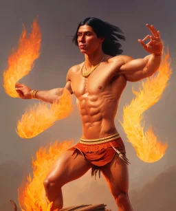 native american warrior, long black hair, dancing on top of fire, big muscles, loincloth, shirtless, 8k resolution concept art portrait by Greg Rutkowski