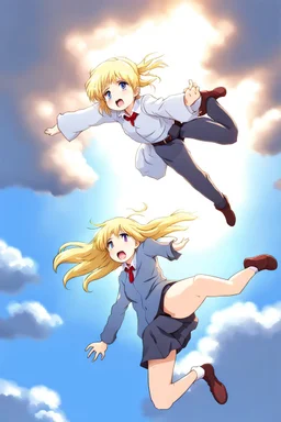 Blonde girl fall from sky. Anime style