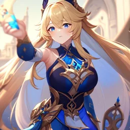 Clear focus,High resolution,High quality, blonde long fluffy hair, Blue eyes, genshin warrior clothing style, curvy