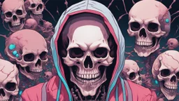 a close up of a person with a skull on their head, anime skull portrait man, scary detailed art in color, hiroyuki-mitsume takahashi, nychos art aesthetic, half man half skeleton, anime cyberpunk art, colored manga art, rossdraws pastel vibrant, hot colors. insanely detailed, beautiful anime portrait, stunning anime face portrait, scary art in color