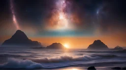 ocean on extraterrestrial planet, mountains, billions of stars in the sky, waves of beautiful light, different reality, enlightenment, wisdom, eternity, 4 dimensions