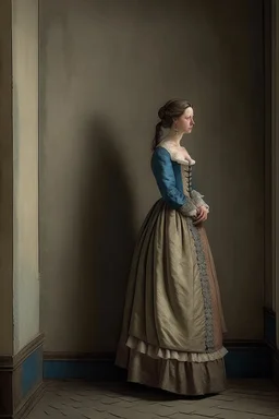 woman with XVIII siecle dress leaning against the wall, realistic style, full figure frontal view