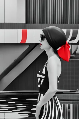 minimalist portrait photography, digital art, opart, woman face painted red, black and white dress, round black sunglasses, black and white swimming cap, side view by Franck Gerard