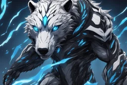white bear in 8k solo leveling shadow artstyle, symbiote them, blue ice and thunder, neon effect, blue thunder, full body, apocalypse, intricate details, highly detailed, high details, detailed portrait, masterpiece,ultra detailed, ultra quality
