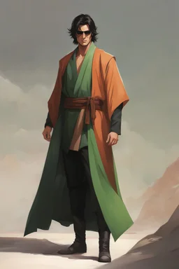 Full Body, Male Tan Human, Jedi Order, Red Blindfold, Green and Black Robes, Handsome face, Black hair.