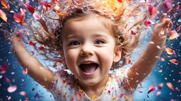 Magical Fantastic young happy child facing camera, Liquid Structure, Flying Petals, Splash, Portrait Photography, Fantasy Background, Intricate Patterns, Ultra Detailed, Luminous, Radiance, Joy, Exuberance, Fun, energy, excitement, Ultra Realism, Complex Details, Intricate Details, 16k, HDR, High Quality, Trending On Artstation, Sharp Focus, Studio Photo, Intricate Details, Highly Detailed