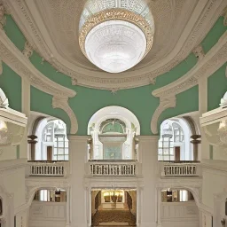 opulent and luxurious pale seafoam and white color mediterranean revival style hall; view from the huge central hall looking up at the building