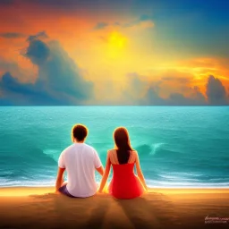 2 lovers watching the sunset sitting in the sand on a sand island