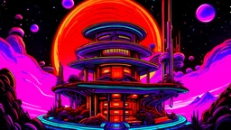 chrome orange black purple colored BLACKLIGHTIED DIGITAL ILLUSTRATION OF A LUSH&VIBRANT NEON POLYCHROMATIC FLORESCENT RAINBOW COLORED EXO-PLANET=JAYLAND96 DREAMSCAPE PARADISE NFT BIOME UTOPIAN cityscape of blockchain zen garden arcade casino treehouse mansions