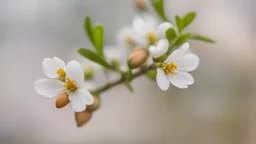 an almond branch , a small flower, close-up, blurred background