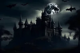 Dark Gothic castle, gargoyles, demons, ghost flying around. Dark sky, moon in distance