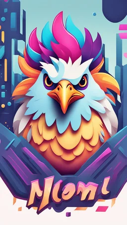 Design a vibrant, gaming-influenced logo of a chicken, featuring bright colors and a dynamic lighting scheme. Incorporate abstract shapes and textures to create an eye-catching composition.