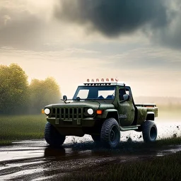 hyperrealistic shot, muddy military toy truck, monotone color palette, sharp focus, puddle reflection, tire water splash, refraction, mist on the horizon, shadowcast, detailed and intricate, cinematic composition, micro, tilt shift photography