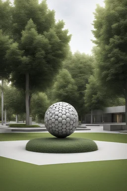 оформление территории со статуей шара виде атома/молекула