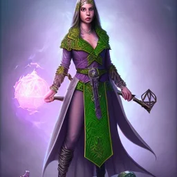 D&D character, female, vampire, druid, nature, green background, tan skin, purple galaxy cloak