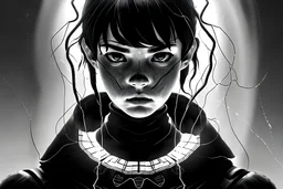 black and white portrait of the face of the sadness, ultra realist texture, intricate line, hdr, 8k, ultra symmetrical,dark futur, akira movie, stephen king style, goldorak anime style, octan render