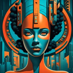 female face, in the style of afrofuturism, george callaghan, engineering/construction and design, poster art, depictions of urban life, dark cyan and orange, 32k uhd --ar 1:2 --stylize 750 --v 6