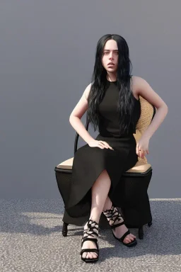 Billie Eilish, sitting on a chair, Black Short Dress, high detail, realistic