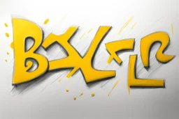 a drawing with sketch lead pencil, The word "BAXER" in yellow floating like a big sign, strong painting, strong expression, BAXER!, BAXER!