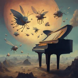 bugs bunny composer piano, diffrent planet, one swine pig piggy flying wasp angel, beksinski style