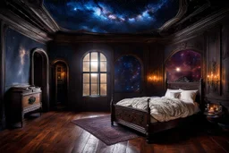 strange evening in vintage bedroom, deep dark colors, old wood floor, old antique bed, translucent walls, ceiling the galaxy with stars, etheral, mystic, stunning, cinematic