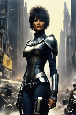 [2000 AD (1977)] The streets of Mega City One were alive with the constant hum of activity, but in the midst of the chaos, a figure stood tall and resolute. Halle Berry, part of the judges' team, commanded attention as she surveyed the sprawling metropolis. The helmet, a symbol of authority and unwavering justice, rested firmly on Berry's head, obscuring her features but amplifying the aura of power that surrounded her. The citizens of Mega City One couldn't help but be drawn to her presence, in