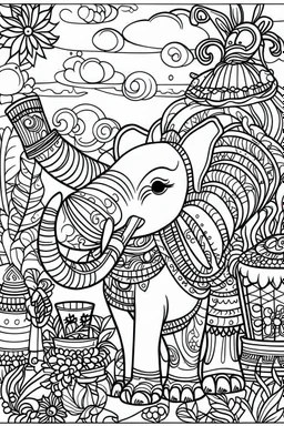 HAPPY NEW YEAR CELEBRATION coloring page for kids,Elephant trumpets in colorful New Year, thick outline, low details, no shading, no color