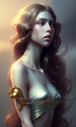 French young woman , cute, beautiful, Very long hair , wavy hair, curly hair، black eyes, full body, cinematic, 8k, resolution concept art portrait by Greg Rutkowski, Artgerm, WLOP, Alphonse Mucha dynamic lighting hyperdetailed intricately detailed