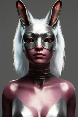 Medium Close Up Portrait, Front image. cyberpunk, rabbit mask, asian woman, silver hair. Latex suit. white, pink, color. Playmate style. Color background, photo studio. Avatar image, highly detailed, concept art, smooth, unreal engine 5, ray tracing, RTX, lumen lighting, ultra detail, volumetric lighting, 3d, finely drawn, high definition, high resolution.