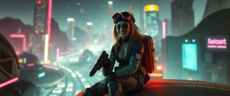 cyberpunk space city, in valley, close up on realistic A charming smiling space pirate hi class girl and macho soldier companion with disco ball rocket shooting sparks backpack sitting on roof of buss , Blew a fuse in his hips and short-circuited his bits, The Martian fluffy gremlins went wild, the Plutonians dogs screamed, Even black-and-white aliens turned ultraviolet green! in the style of fallout 4 and HR Giger, background motion blur , and volume spot lights