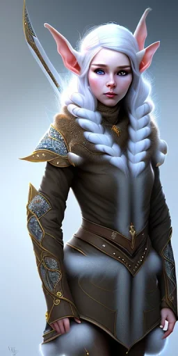 Cute and adorable femal elven adventurer with ultradetailed SMALL elven ears dressed in a warm overcoat with survival gear, with adorable symmetric face and boots, in style of Cedric Peyravernay Art, microdetails --ar 2:3 --beta --upbeta --upbeta