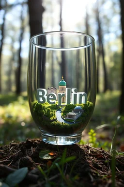 Create hyper-realistic photo of a glass tumbler in a wild forest. Inside, a miniature [Berlin] with landmarks. A trasparrent 3D text of [Berlin] blends naturally into the landscape . Soft bright daylight, reflections, and subtle imperfections like fingerprints. DSLR quality, sharp focus.