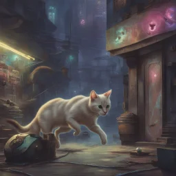 Gato cyberpunk persiguiendo tres ratas vestidas con corbata