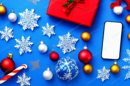 Christmas scene,smartphone, blue background,