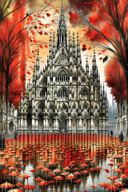 Milan Cathedral. Amanda Clark, Zdzisław Beksiński, Jacek Yerka and Yossi Kotler style mix, surreal whimsical autumn landscape, watercolor- fall foliage is almost over. A beautiful red maple clings to the last of its leaves and a flock of small birds nestled on its branches, watercolour and ink illustration, wet-on-wet, loose water effects, white, red and golden paint splatter, voronoi pattern, richly textured, fluffy clouds, beautiful vibrant colors, opalescent gradient. Modifiers: intricate bea