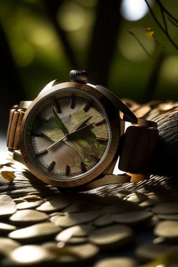 Picture a frosted watch inspired by nature, incorporating elements like wood and leaves into its design. Place it in a serene forest setting with dappled sunlight filtering through the trees."