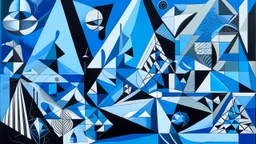 A surreal, abstract scene with various geometric shapes and forms in black, white, and gray tones against a vibrant blue background. The main subject appears to be a stylized, anthropomorphic figure reclining on a grid-like surface, surrounded by other abstract elements such as pyramids, spheres, and a hovering object.